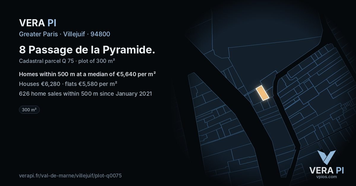 8 Passage de la Pyramide, Villejuif at night – the plot lit, the parcels around coloured by the prices near them