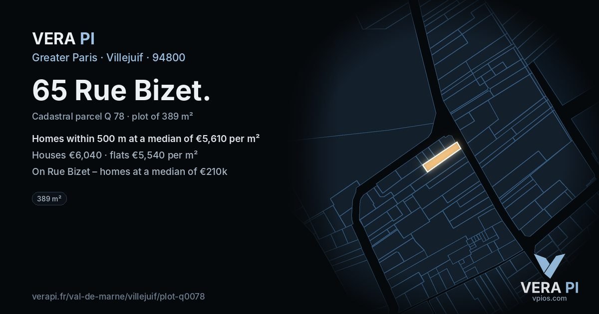 65 Rue Bizet, Villejuif at night – the plot lit, the parcels around coloured by the prices near them