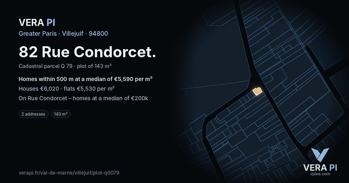 82 Rue Condorcet, Villejuif at night – the plot lit, the parcels around coloured by the prices near them