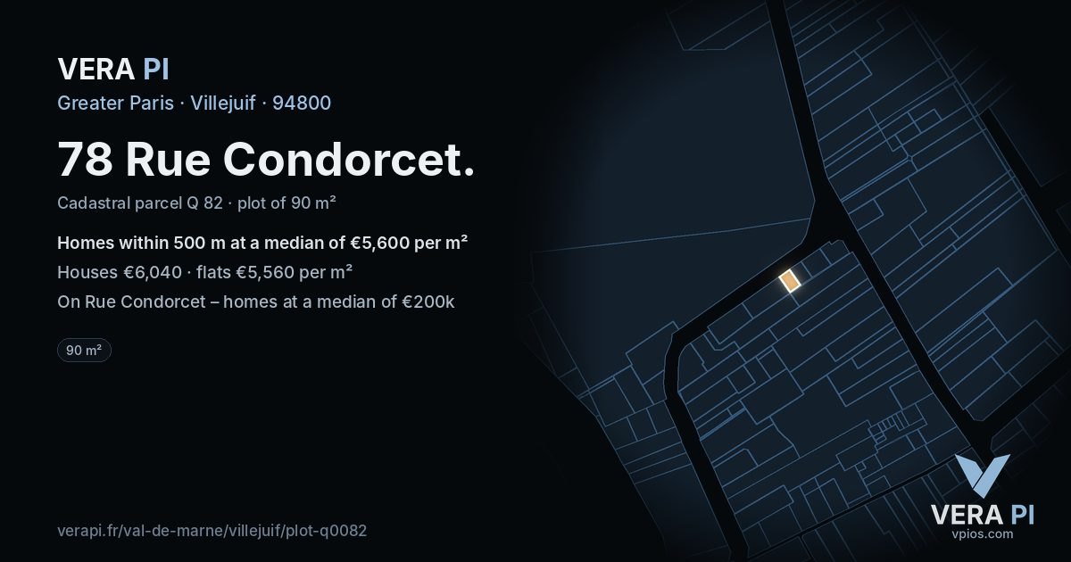78 Rue Condorcet, Villejuif at night – the plot lit, the parcels around coloured by the prices near them