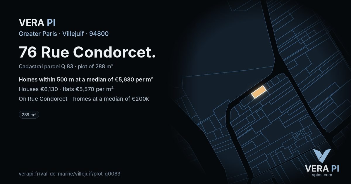 76 Rue Condorcet, Villejuif at night – the plot lit, the parcels around coloured by the prices near them