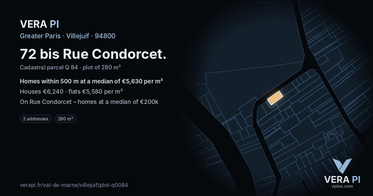 72 bis Rue Condorcet, Villejuif at night – the plot lit, the parcels around coloured by the prices near them