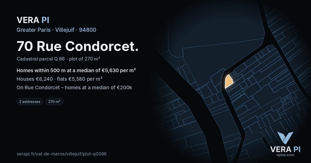 70 Rue Condorcet, Villejuif at night – the plot lit, the parcels around coloured by the prices near them