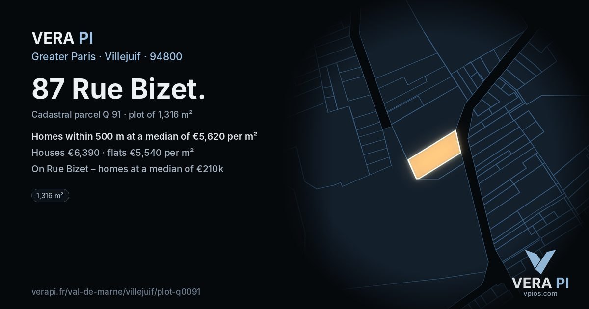 87 Rue Bizet, Villejuif at night – the plot lit, the parcels around coloured by the prices near them