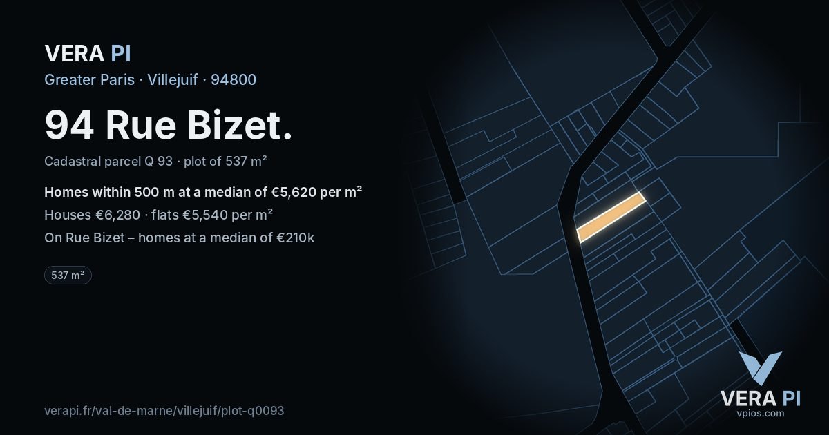 94 Rue Bizet, Villejuif at night – the plot lit, the parcels around coloured by the prices near them