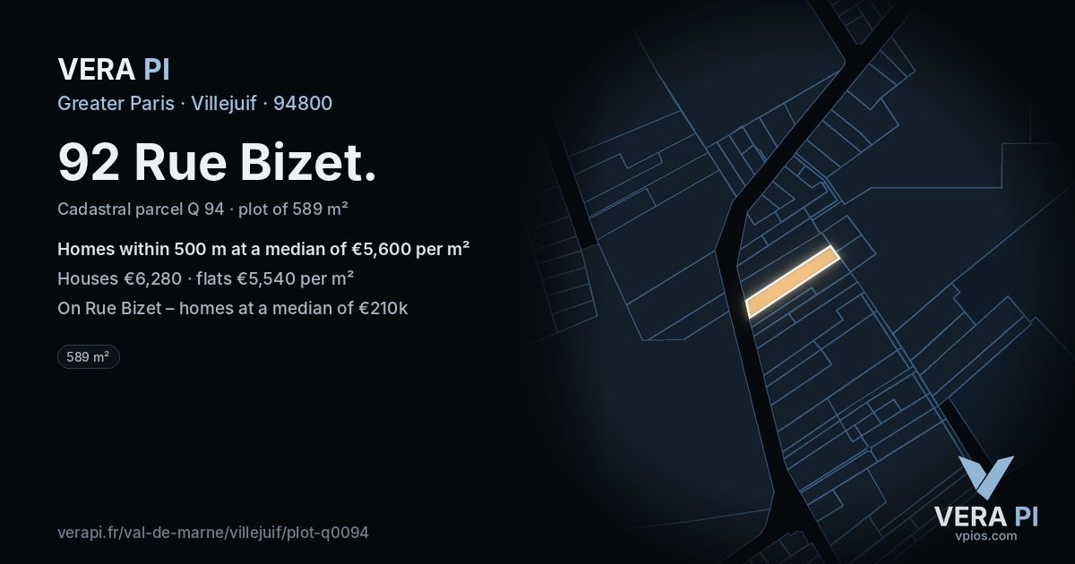 92 Rue Bizet, Villejuif at night – the plot lit, the parcels around coloured by the prices near them