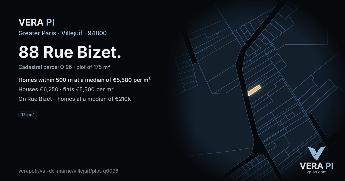 88 Rue Bizet, Villejuif at night – the plot lit, the parcels around coloured by the prices near them