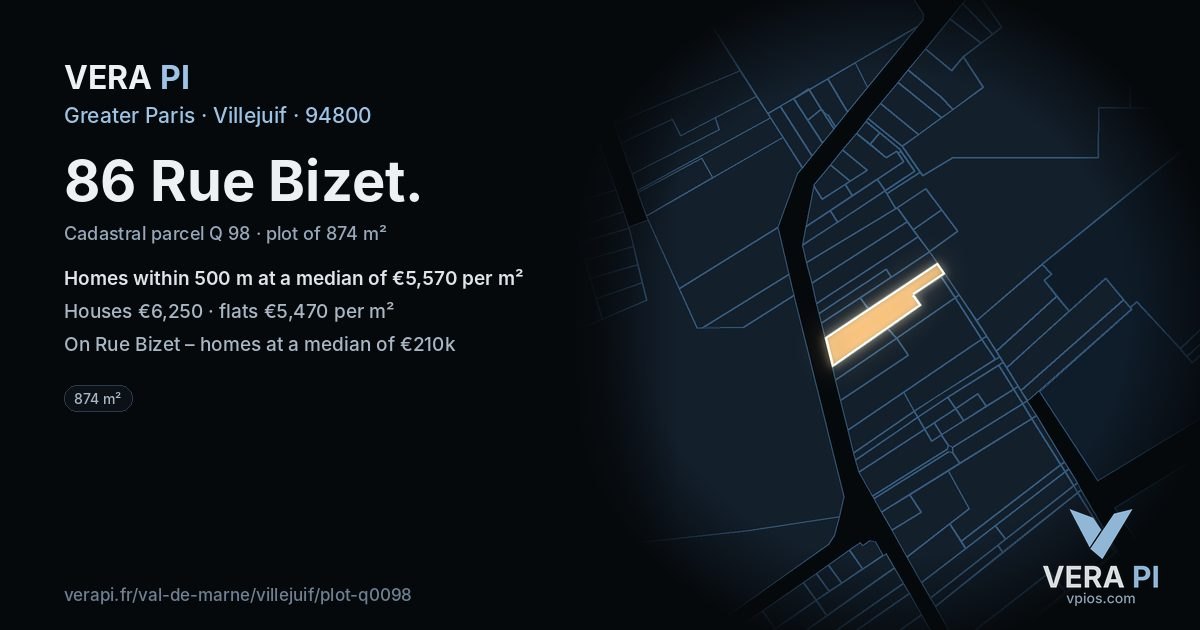 86 Rue Bizet, Villejuif at night – the plot lit, the parcels around coloured by the prices near them