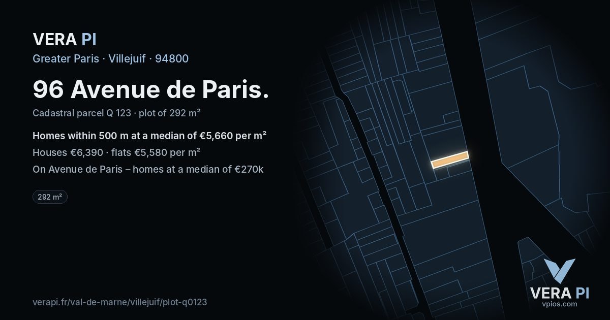 96 Avenue de Paris, Villejuif at night – the plot lit, the parcels around coloured by the prices near them