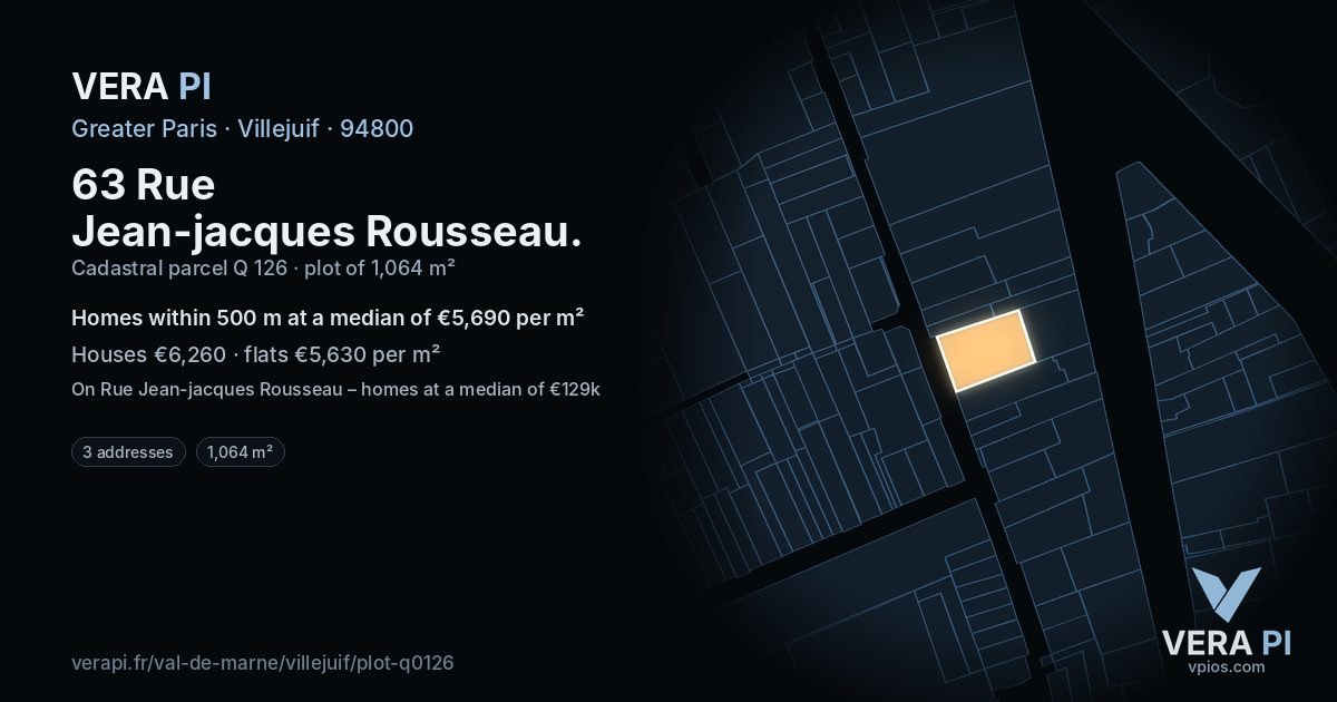 63 Rue Jean-jacques Rousseau, Villejuif at night – the plot lit, the parcels around coloured by the prices near them