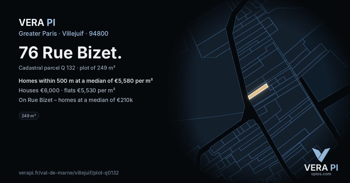 76 Rue Bizet, Villejuif at night – the plot lit, the parcels around coloured by the prices near them