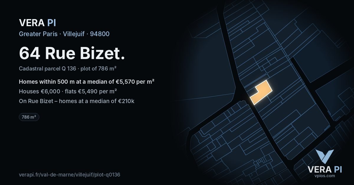64 Rue Bizet, Villejuif at night – the plot lit, the parcels around coloured by the prices near them