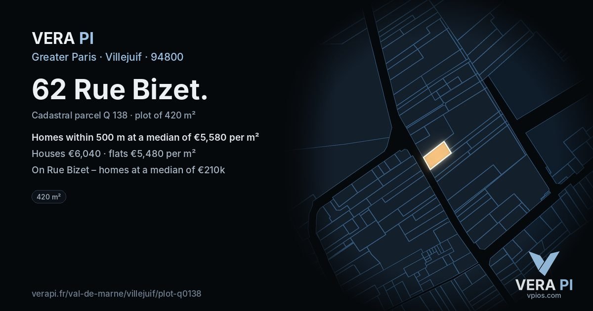 62 Rue Bizet, Villejuif at night – the plot lit, the parcels around coloured by the prices near them