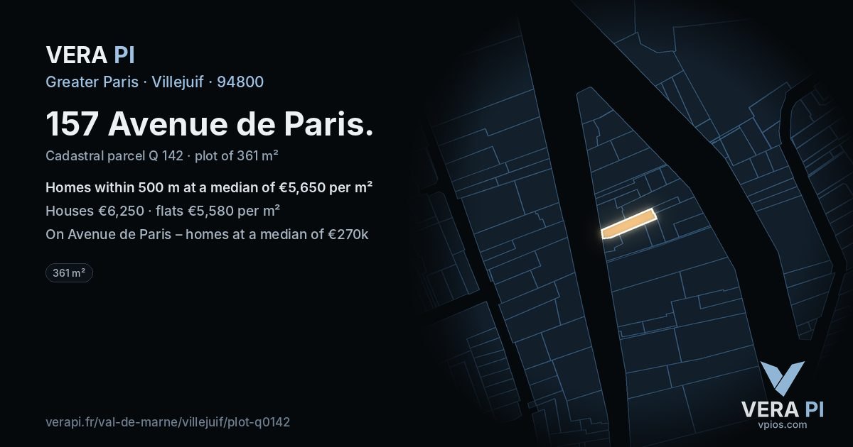 157 Avenue de Paris, Villejuif at night – the plot lit, the parcels around coloured by the prices near them