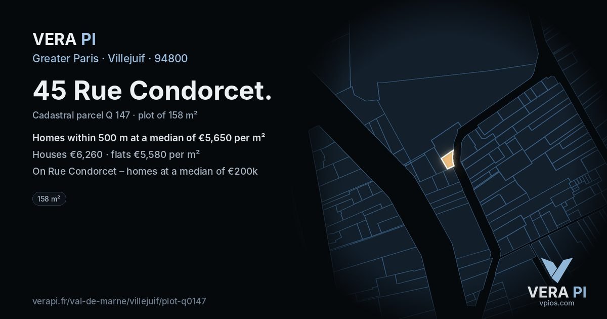 45 Rue Condorcet, Villejuif at night – the plot lit, the parcels around coloured by the prices near them