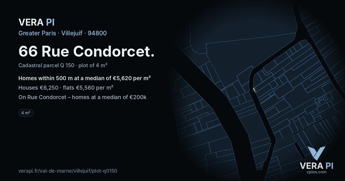 66 Rue Condorcet, Villejuif at night – the plot lit, the parcels around coloured by the prices near them