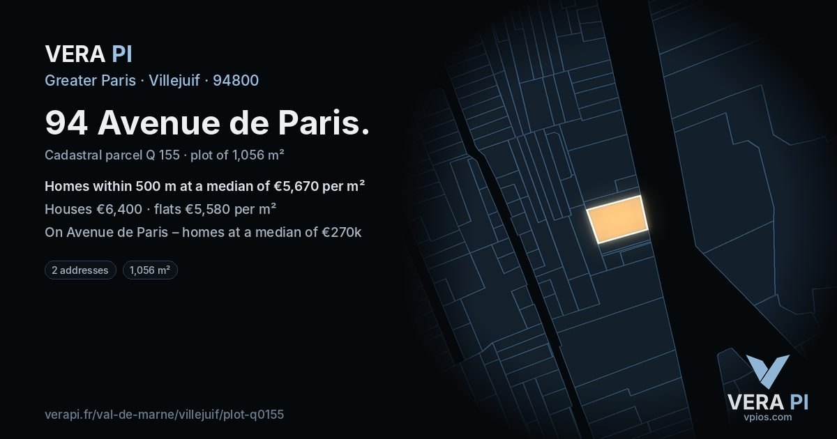 94 Avenue de Paris, Villejuif at night – the plot lit, the parcels around coloured by the prices near them