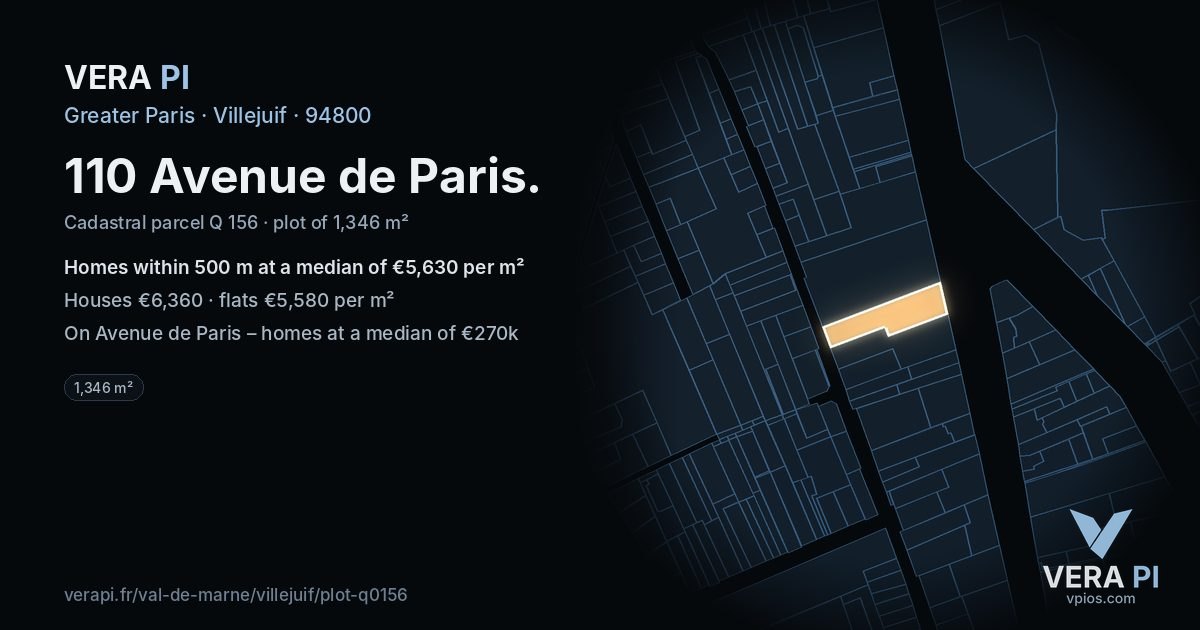 110 Avenue de Paris, Villejuif at night – the plot lit, the parcels around coloured by the prices near them