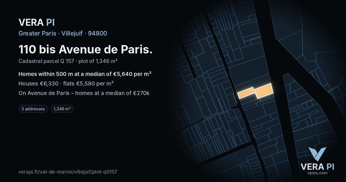 110 bis Avenue de Paris, Villejuif at night – the plot lit, the parcels around coloured by the prices near them
