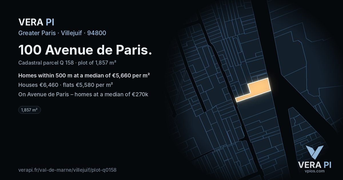 100 Avenue de Paris, Villejuif at night – the plot lit, the parcels around coloured by the prices near them