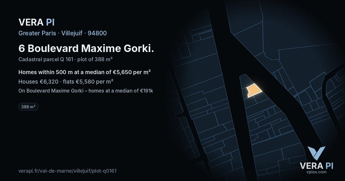 6 Boulevard Maxime Gorki, Villejuif at night – the plot lit, the parcels around coloured by the prices near them