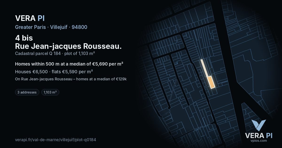 4 bis Rue Jean-jacques Rousseau, Villejuif at night – the plot lit, the parcels around coloured by the prices near them