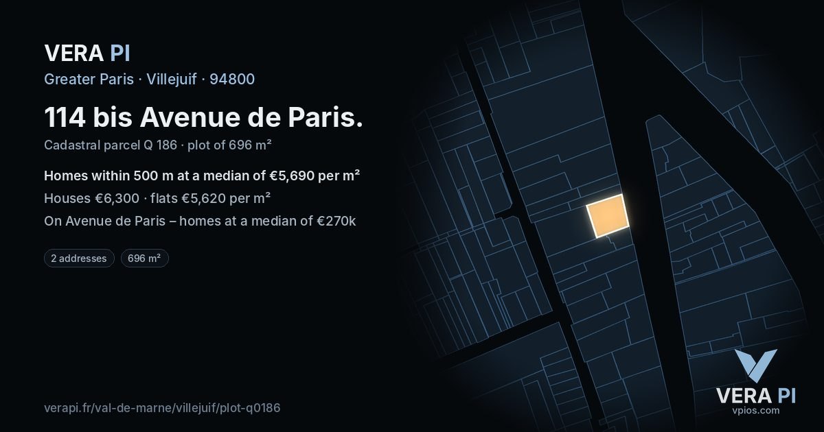 114 bis Avenue de Paris, Villejuif at night – the plot lit, the parcels around coloured by the prices near them