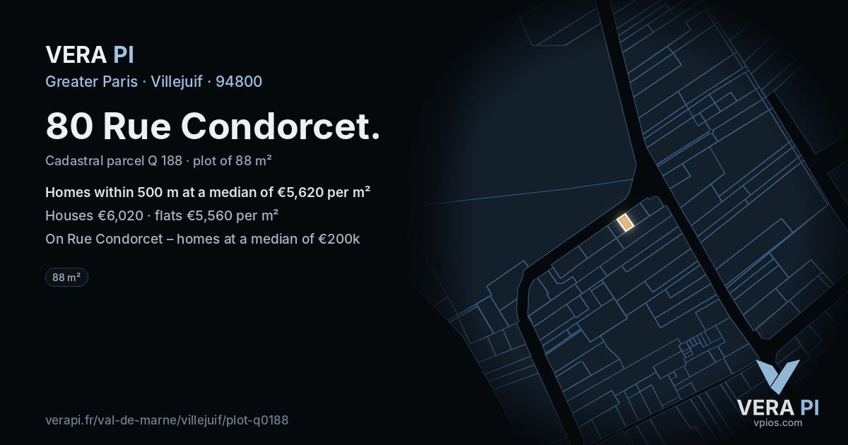 80 Rue Condorcet, Villejuif at night – the plot lit, the parcels around coloured by the prices near them