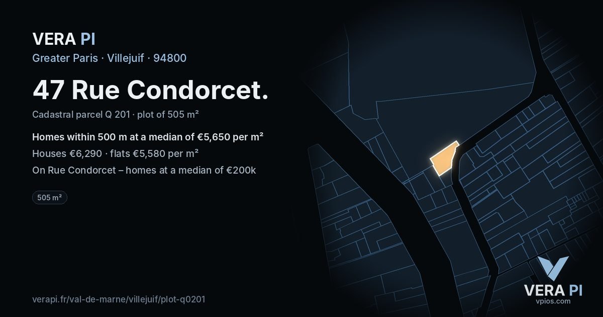 47 Rue Condorcet, Villejuif at night – the plot lit, the parcels around coloured by the prices near them