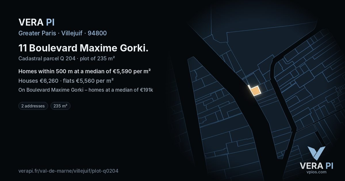11 Boulevard Maxime Gorki, Villejuif at night – the plot lit, the parcels around coloured by the prices near them