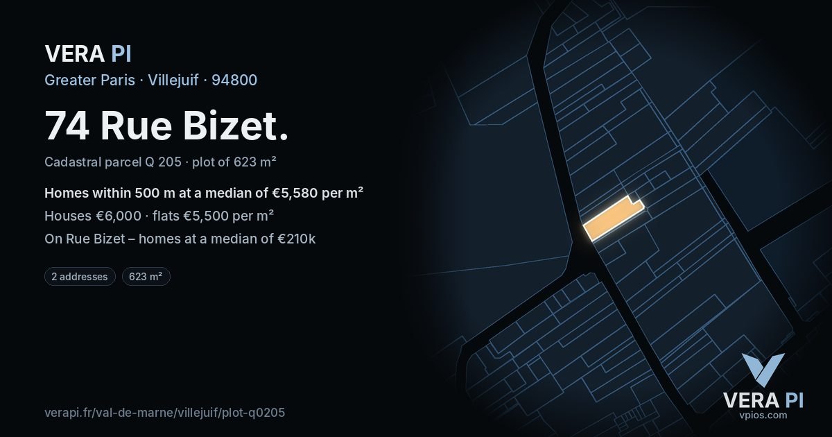 74 Rue Bizet, Villejuif at night – the plot lit, the parcels around coloured by the prices near them
