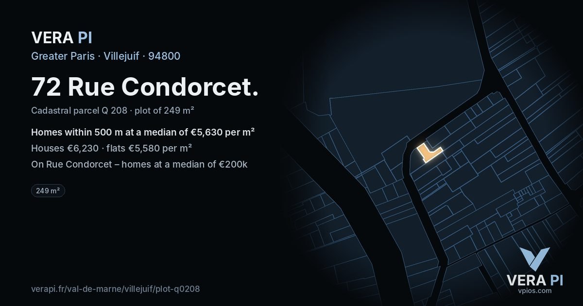 72 Rue Condorcet, Villejuif at night – the plot lit, the parcels around coloured by the prices near them