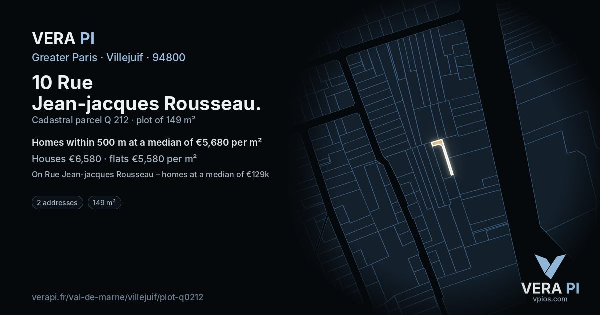 10 Rue Jean-jacques Rousseau, Villejuif at night – the plot lit, the parcels around coloured by the prices near them