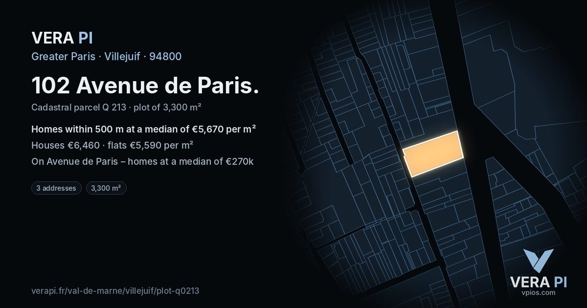 102 Avenue de Paris, Villejuif at night – the plot lit, the parcels around coloured by the prices near them