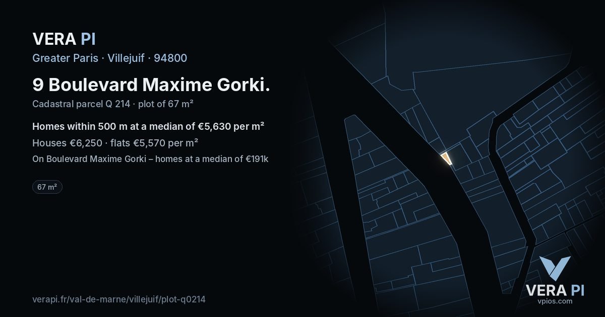 9 Boulevard Maxime Gorki, Villejuif at night – the plot lit, the parcels around coloured by the prices near them