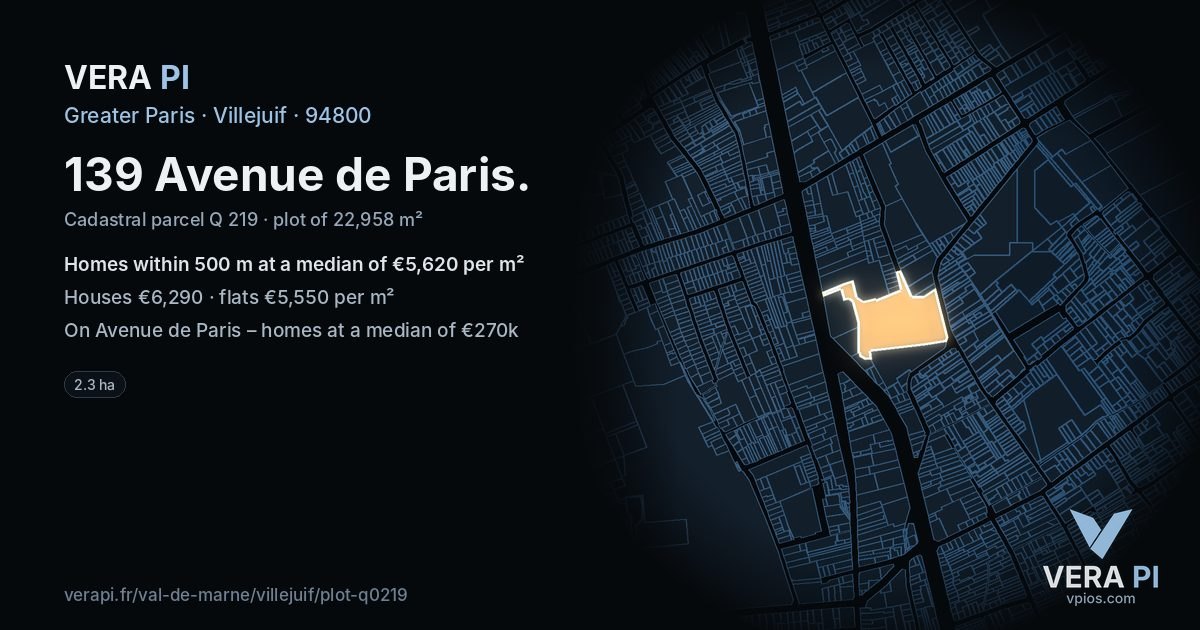 139 Avenue de Paris, Villejuif at night – the plot lit, the parcels around coloured by the prices near them