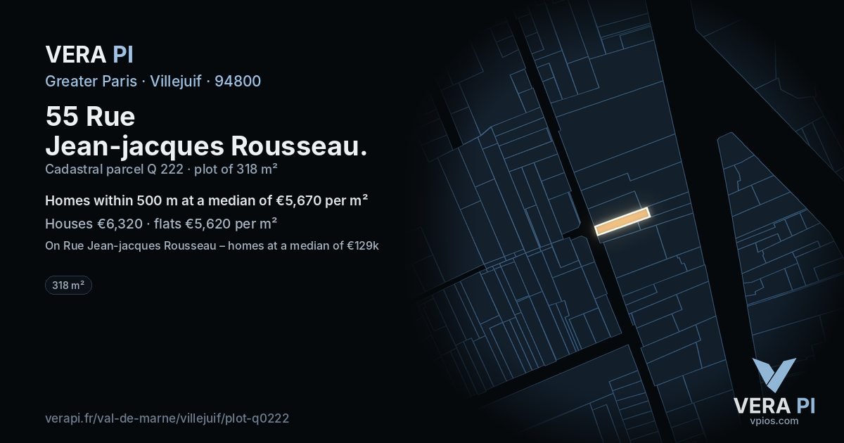 55 Rue Jean-jacques Rousseau, Villejuif at night – the plot lit, the parcels around coloured by the prices near them