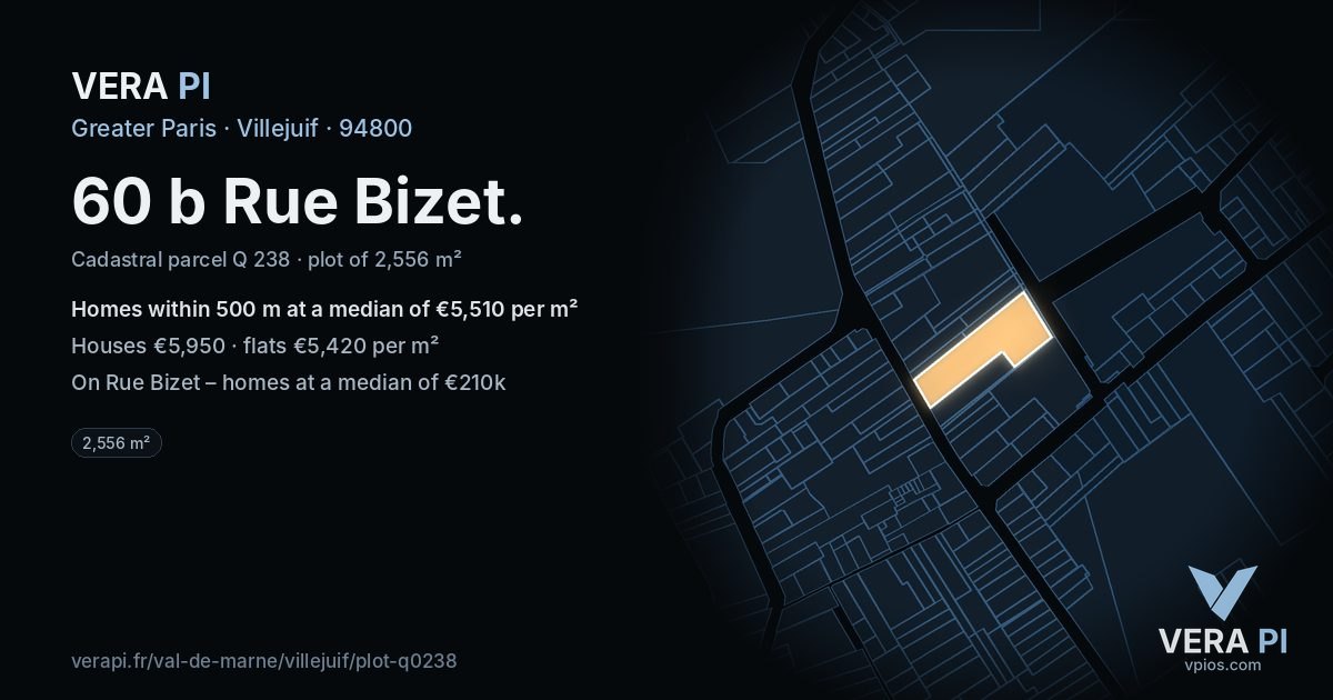 60 b Rue Bizet, Villejuif at night – the plot lit, the parcels around coloured by the prices near them