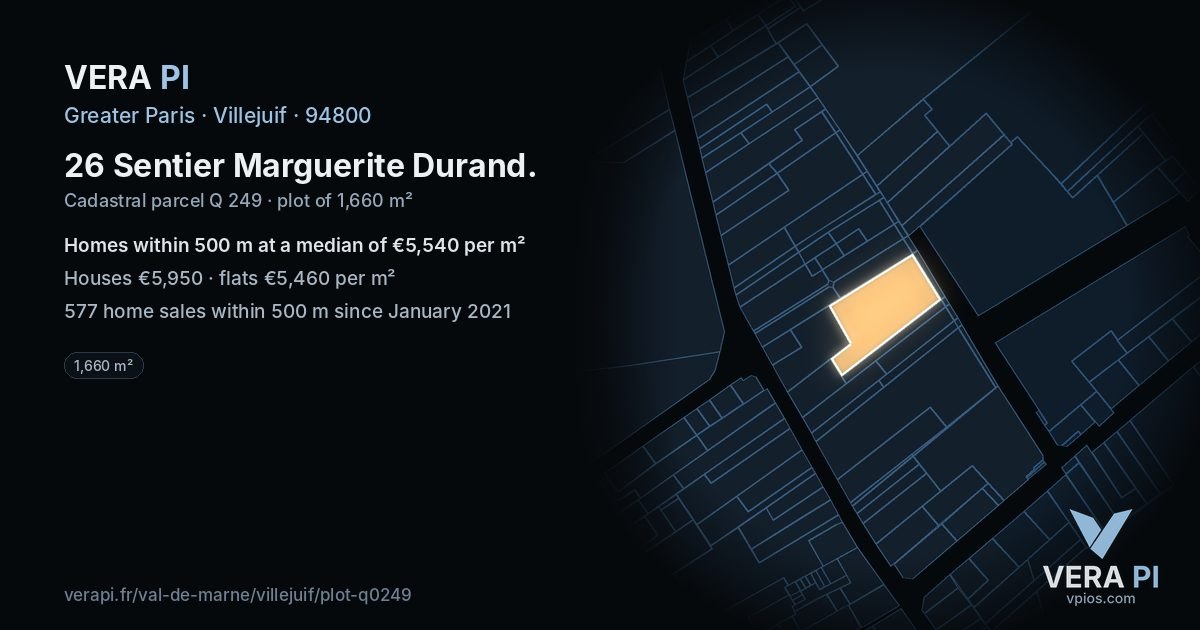 26 Sentier Marguerite Durand, Villejuif at night – the plot lit, the parcels around coloured by the prices near them