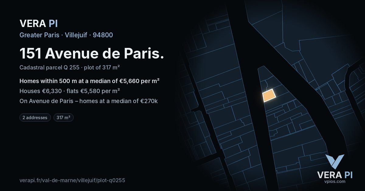 151 Avenue de Paris, Villejuif at night – the plot lit, the parcels around coloured by the prices near them