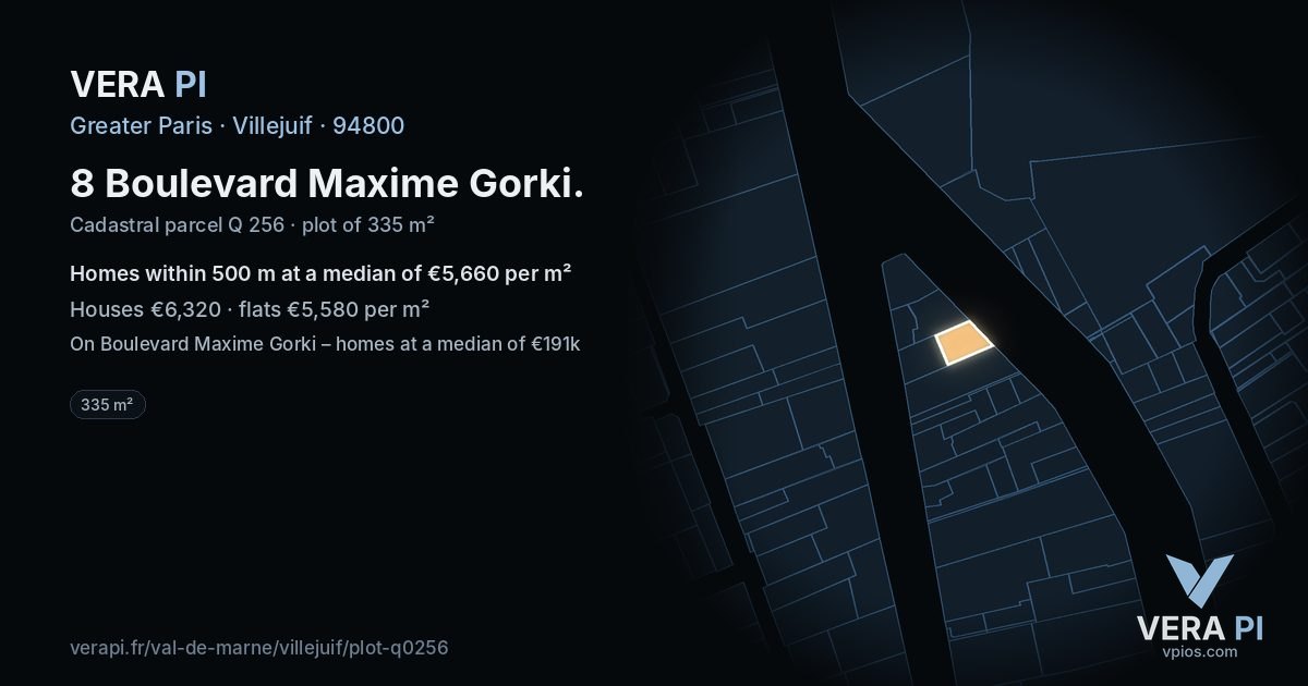 8 Boulevard Maxime Gorki, Villejuif at night – the plot lit, the parcels around coloured by the prices near them