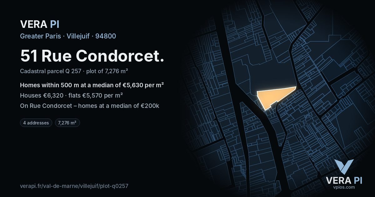 51 Rue Condorcet, Villejuif at night – the plot lit, the parcels around coloured by the prices near them