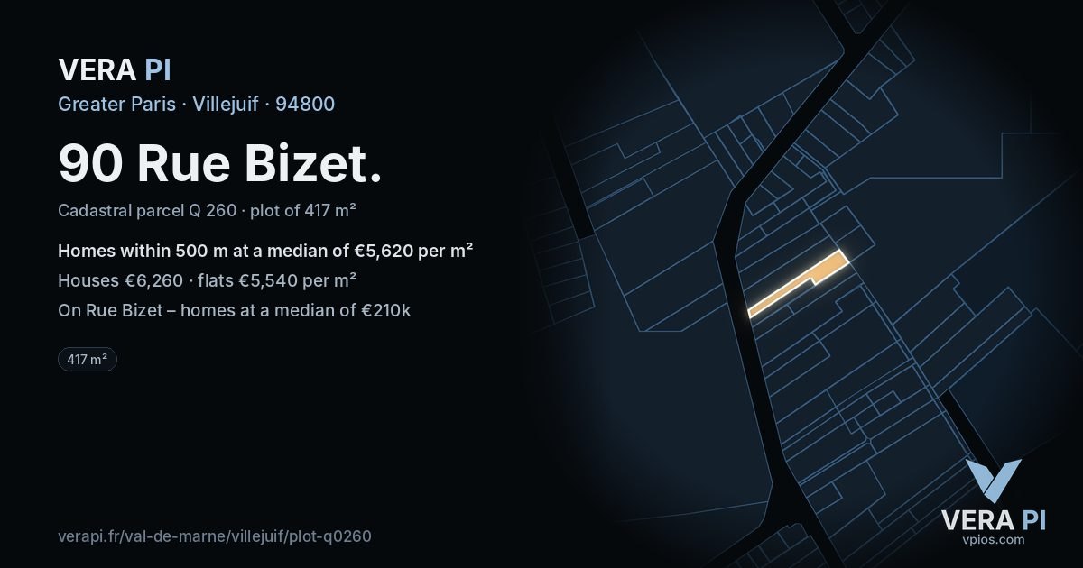 90 Rue Bizet, Villejuif at night – the plot lit, the parcels around coloured by the prices near them