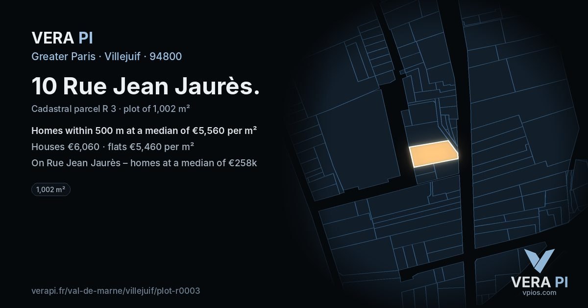 10 Rue Jean Jaurès, Villejuif at night – the plot lit, the parcels around coloured by the prices near them