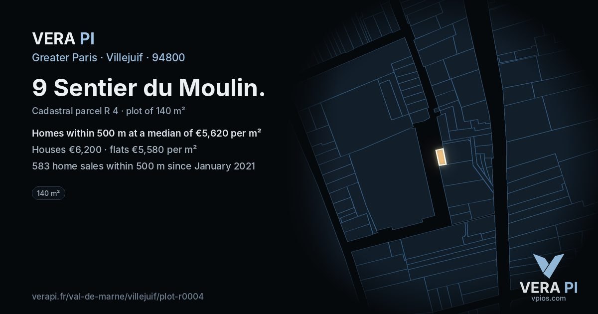 9 Sentier du Moulin, Villejuif at night – the plot lit, the parcels around coloured by the prices near them