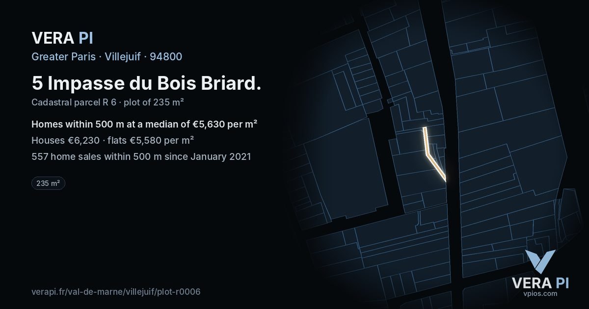 5 Impasse du Bois Briard, Villejuif at night – the plot lit, the parcels around coloured by the prices near them