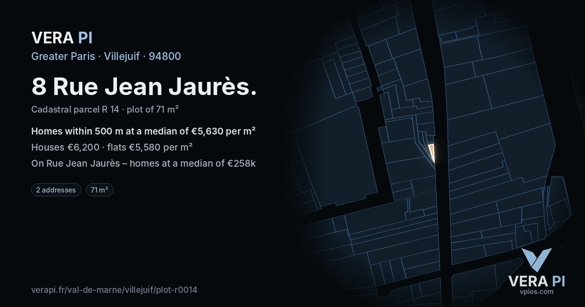 8 Rue Jean Jaurès, Villejuif at night – the plot lit, the parcels around coloured by the prices near them