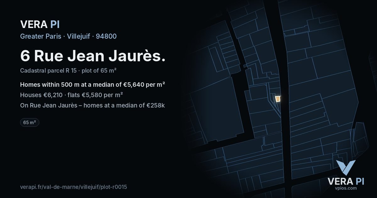 6 Rue Jean Jaurès, Villejuif at night – the plot lit, the parcels around coloured by the prices near them