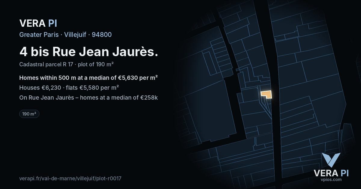 4 bis Rue Jean Jaurès, Villejuif at night – the plot lit, the parcels around coloured by the prices near them
