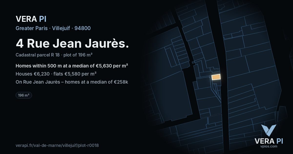4 Rue Jean Jaurès, Villejuif at night – the plot lit, the parcels around coloured by the prices near them